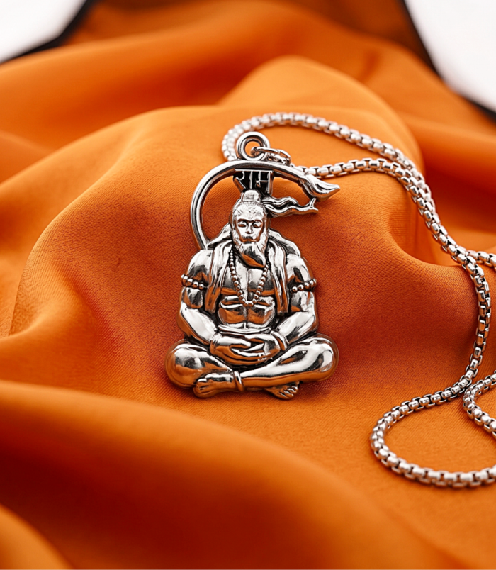 Silver Hanuman Pandent on Orange cloth Silver hanmun Pendent on premium Orange Cloth