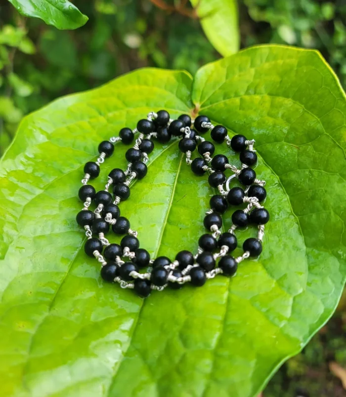 silver-plated-karungali-mala-hand-leaf-nature.webp silver plated Karungali mala held in hand on leaf with tree background